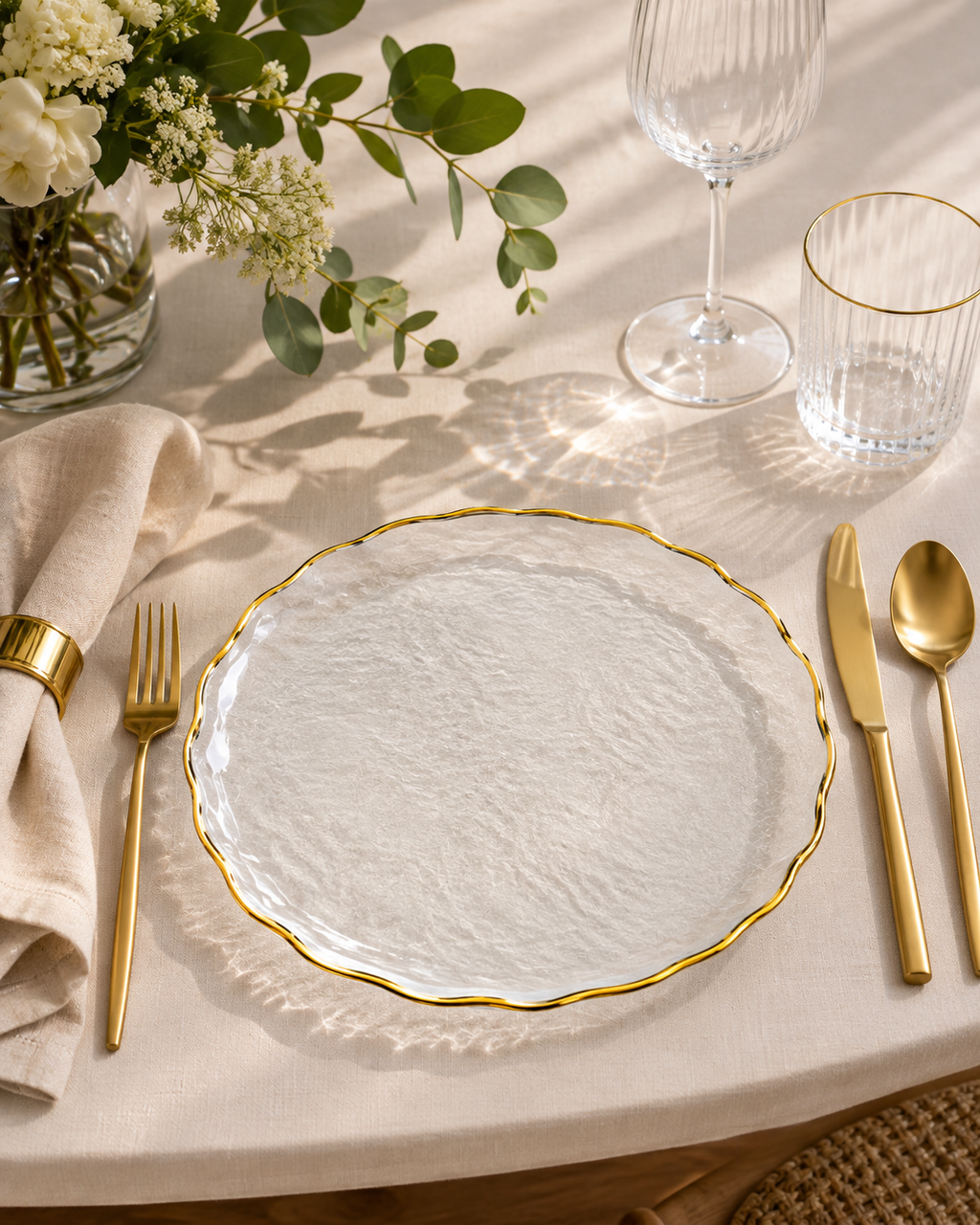 Set platos base de vidrio  filo dorado imperial