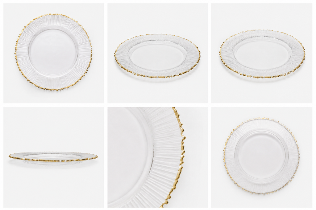 Set platos base de vidrio filo dorado