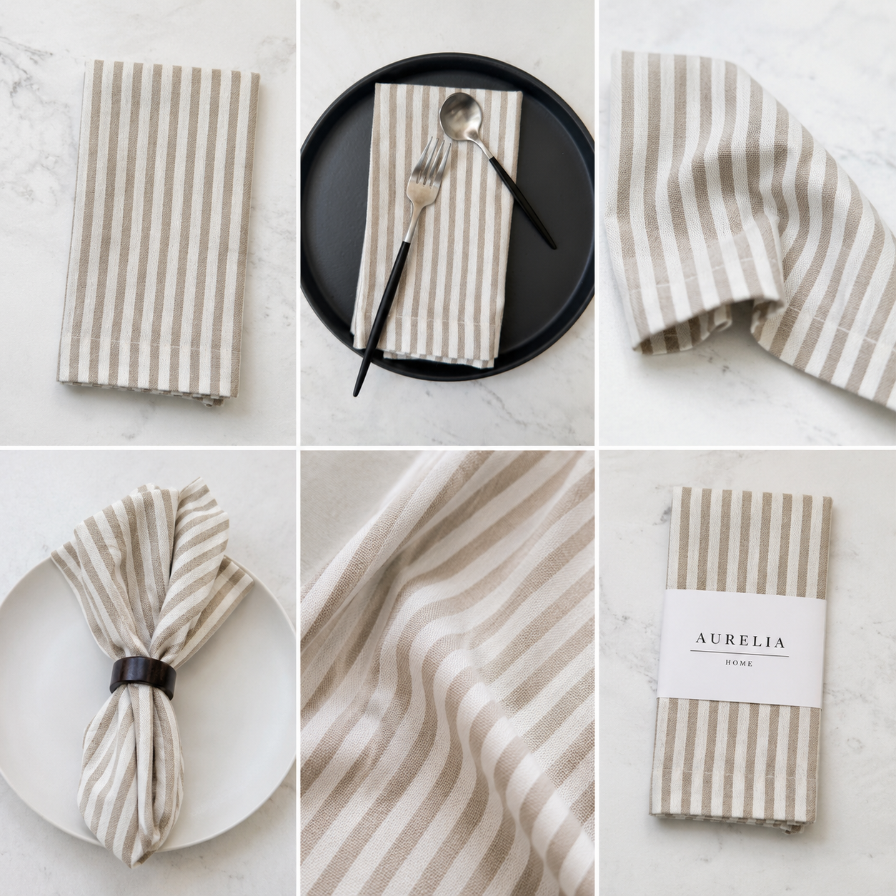 Servilletas rayas beige lujo de algodón  6 piezas