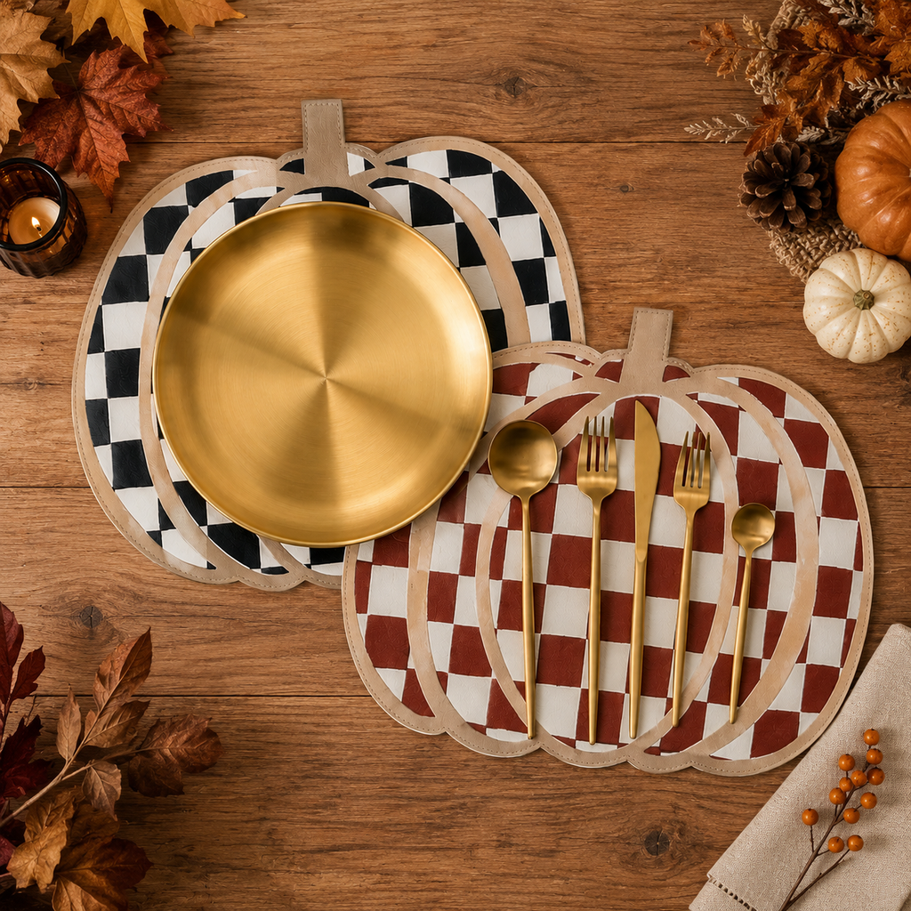 Mantel Individual Calabaza Reversible de Piel Sintética  4 piezas| Decoración de Mesa Otoño