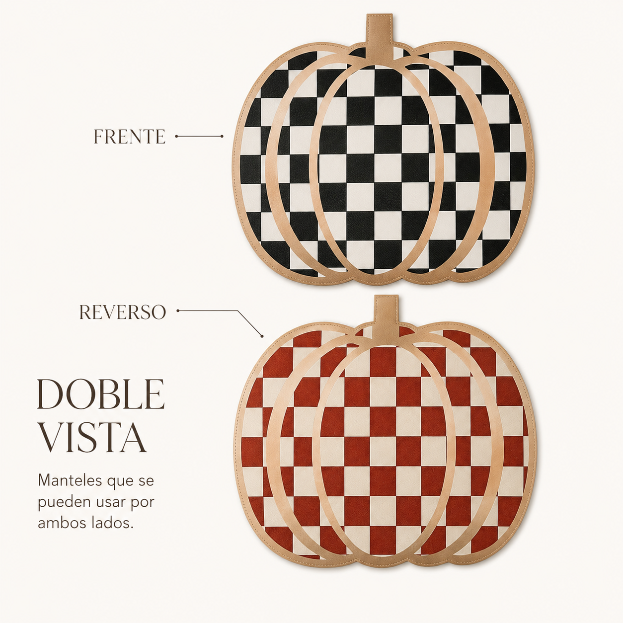 Mantel Individual Calabaza Reversible de Piel Sintética  4 piezas| Decoración de Mesa Otoño