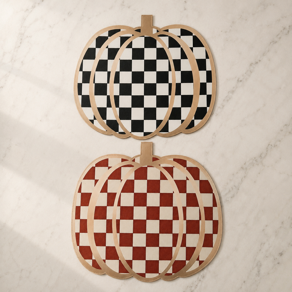 Mantel Individual Calabaza Reversible de Piel Sintética  4 piezas| Decoración de Mesa Otoño