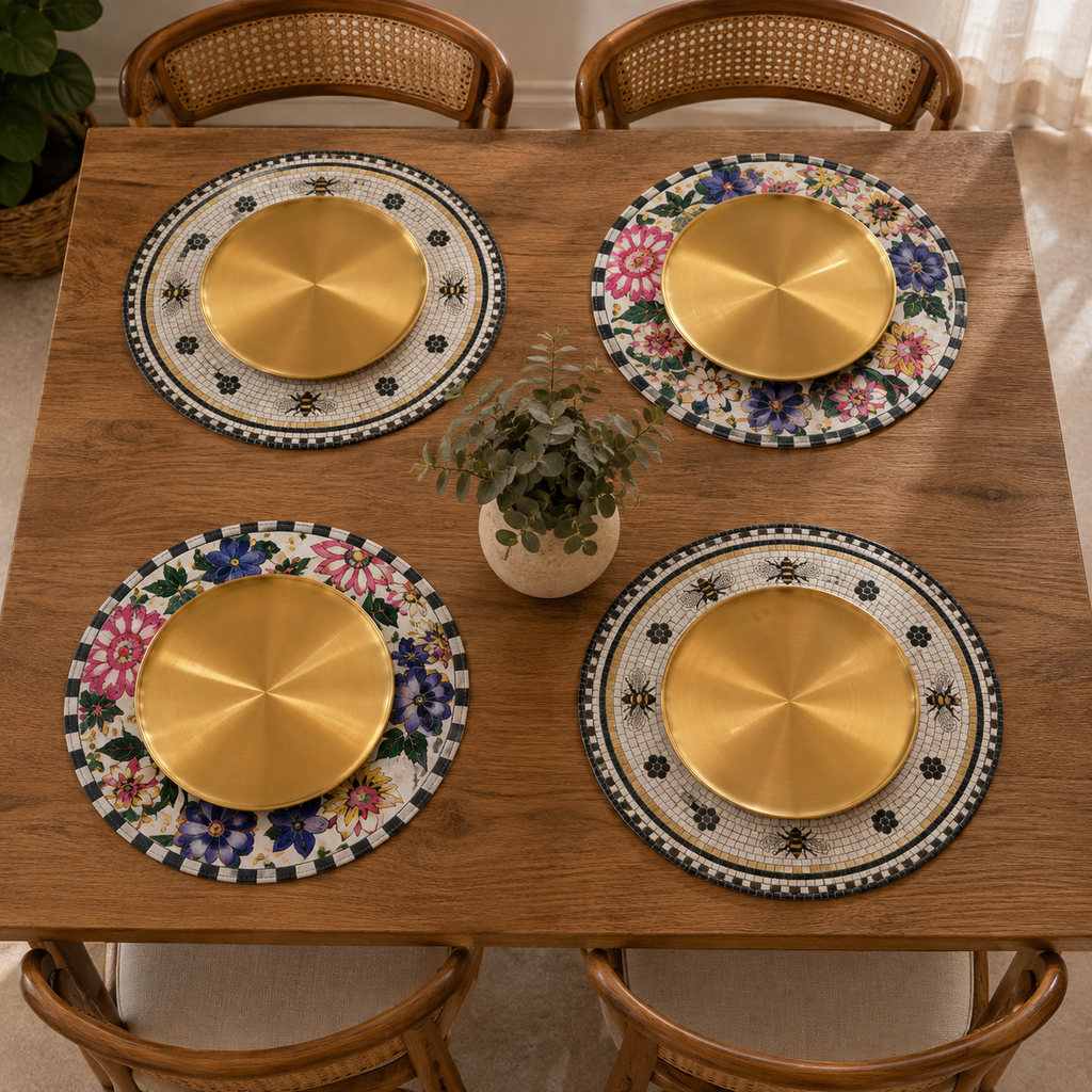 Mantel Individual abejas y bichos | Reversible piel sintética 4 piezas