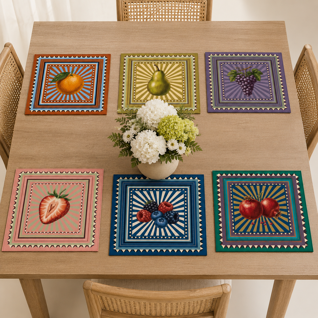 Mantel Individual frutas Reversible de Piel Sintética  6 piezas| Decoración de Mesa ñ