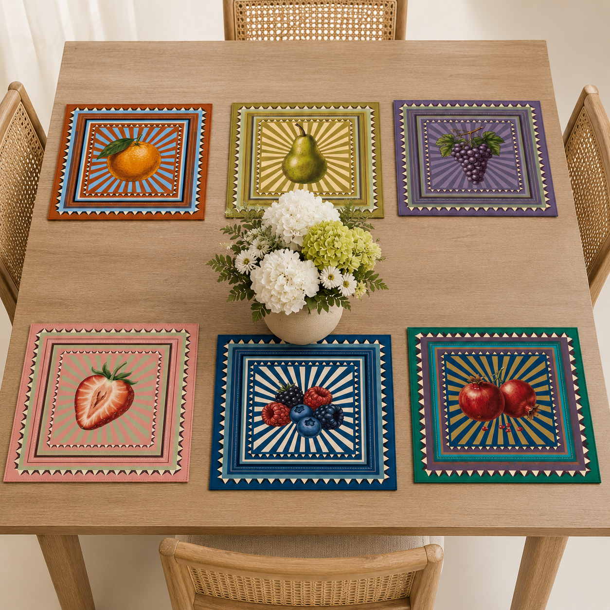 Mantel Individual frutas Reversible de Piel Sintética  6 piezas| Decoración de Mesa ñ