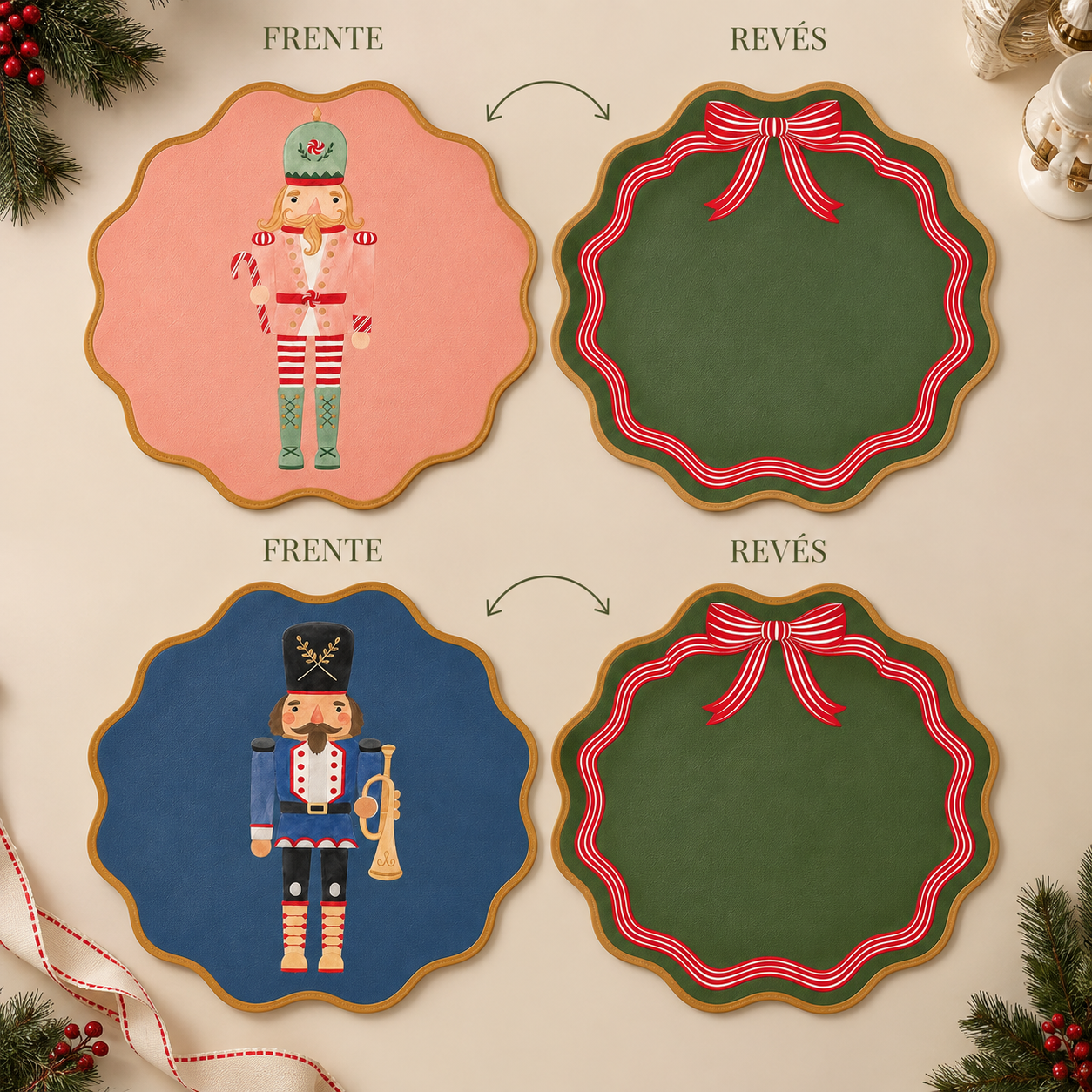 Mantel Individual Cascanueces de Piel Sintética  4 piezas| Decoración de Mesa